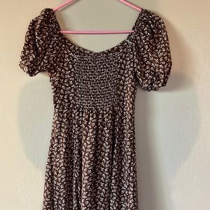 Brown and white floral long midi dress with slit